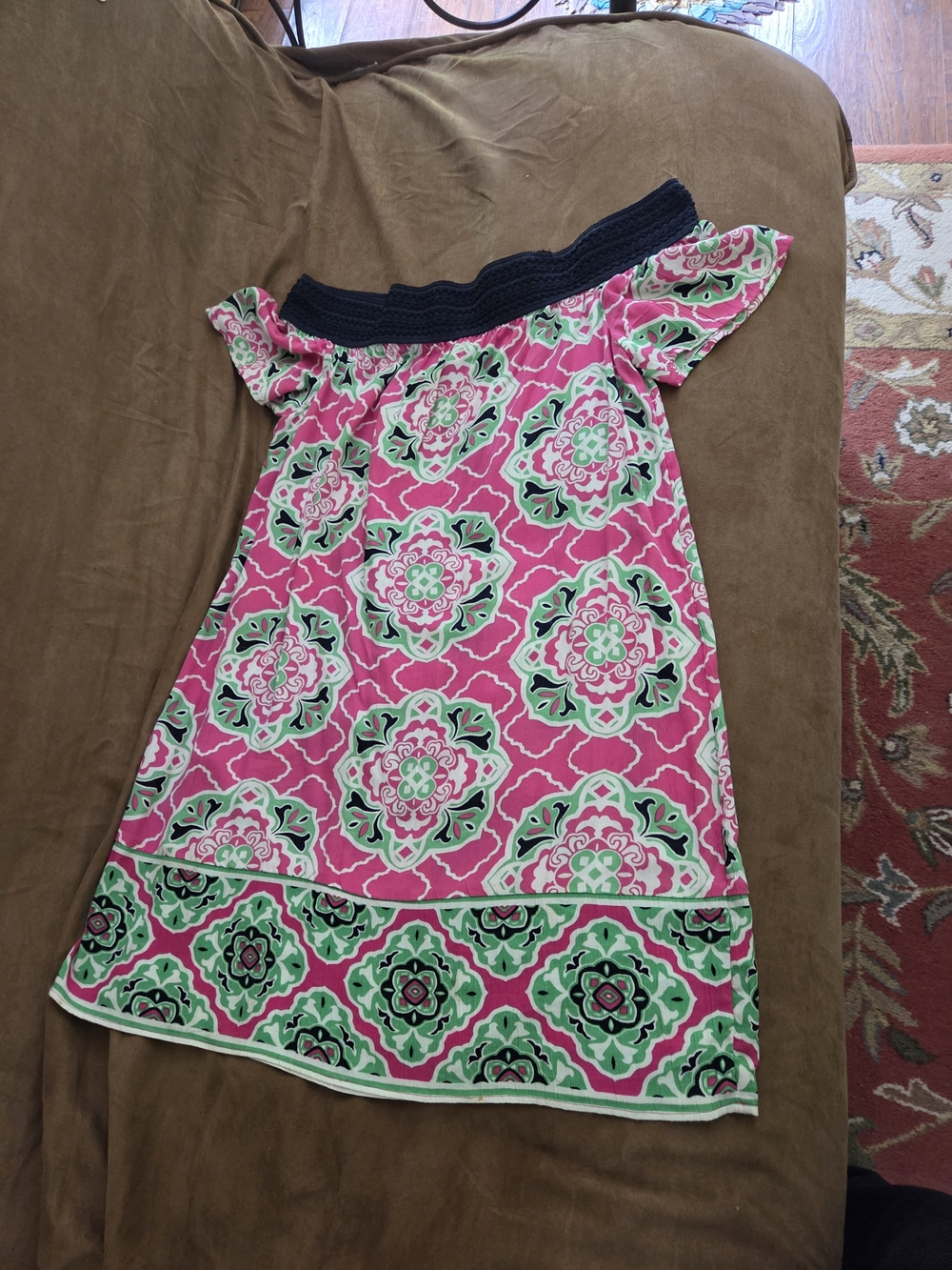 crown & ivy Pink Floral Off-Shoulder Dress with Navy Trim